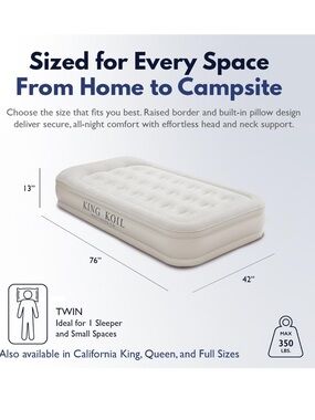 King Koil TWIN Luxury Airbed 20” Tall Mattress Built in Pump in Beige White Tan